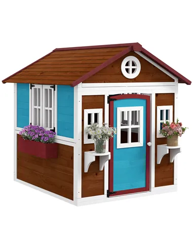 Outsunny Wooden Playhouse with Doors, Windows, Plant Pots, Boxes, for 3-8 Years - Dark Brown