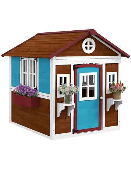 Outsunny Wooden Playhouse with Doors, Windows, Plant Pots, Boxes, for 3-8 Years - Dark Brown