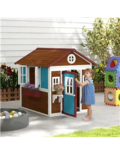 Outsunny Wooden Playhouse with Doors, Windows, Plant Pots, Boxes, for 3-8 Years - Dark Brown 2