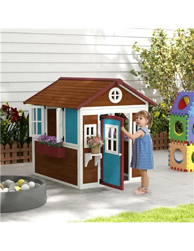 Outsunny Wooden Playhouse with Doors, Windows, Plant Pots, Boxes, for 3-8 Years - Dark Brown