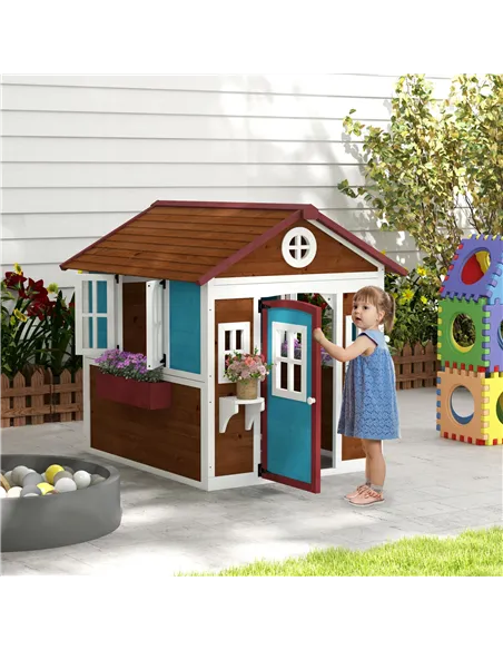 Outsunny Wooden Playhouse with Doors, Windows, Plant Pots, Boxes, for 3-8 Years - Dark Brown