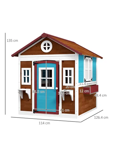 Outsunny Wooden Playhouse with Doors, Windows, Plant Pots, Boxes, for 3-8 Years - Dark Brown