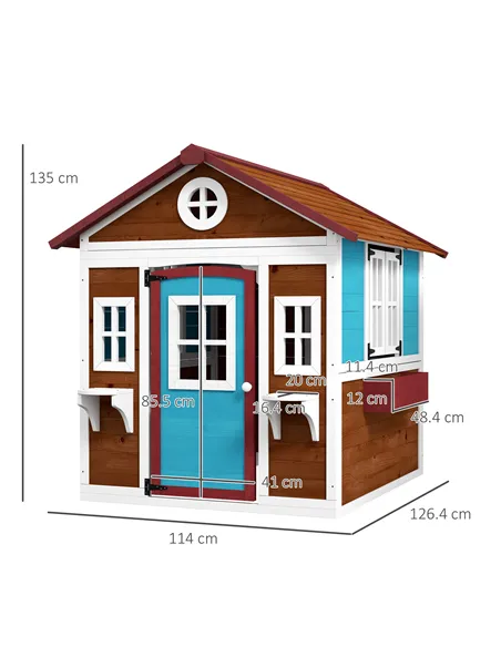 Outsunny Wooden Playhouse with Doors, Windows, Plant Pots, Boxes, for 3-8 Years - Dark Brown