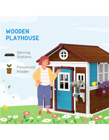Outsunny Wooden Playhouse with Doors, Windows, Plant Pots, Boxes, for 3-8 Years - Dark Brown
