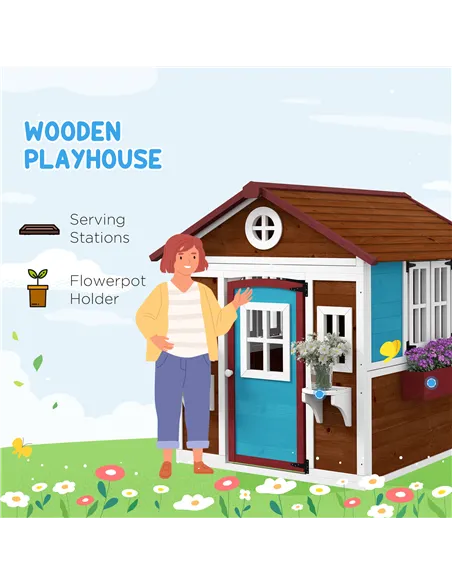 Outsunny Wooden Playhouse with Doors, Windows, Plant Pots, Boxes, for 3-8 Years - Dark Brown