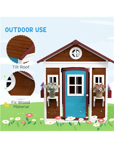 Outsunny Wooden Playhouse with Doors, Windows, Plant Pots, Boxes, for 3-8 Years - Dark Brown