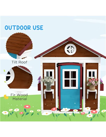 Outsunny Wooden Playhouse with Doors, Windows, Plant Pots, Boxes, for 3-8 Years - Dark Brown