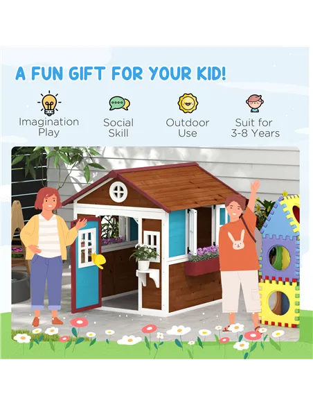 Outsunny Wooden Playhouse with Doors, Windows, Plant Pots, Boxes, for 3-8 Years - Dark Brown