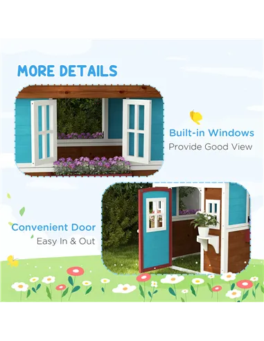 Outsunny Wooden Playhouse with Doors, Windows, Plant Pots, Boxes, for 3-8 Years - Dark Brown