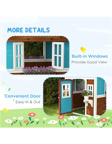 Outsunny Wooden Playhouse with Doors, Windows, Plant Pots, Boxes, for 3-8 Years - Dark Brown