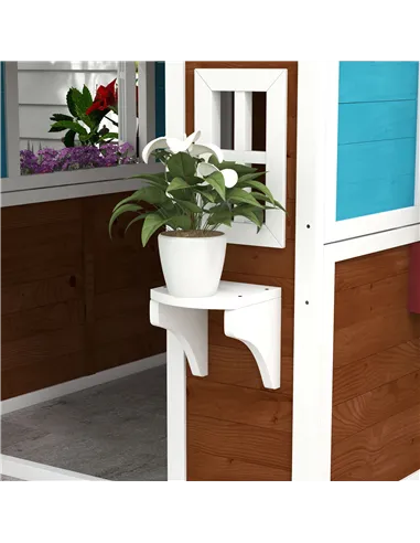 Outsunny Wooden Playhouse with Doors, Windows, Plant Pots, Boxes, for 3-8 Years - Dark Brown