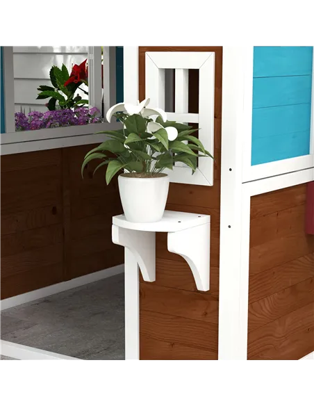 Outsunny Wooden Playhouse with Doors, Windows, Plant Pots, Boxes, for 3-8 Years - Dark Brown