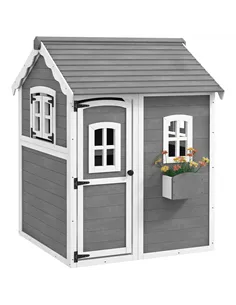 Outsunny Wooden Playhouse for Kids with Doors, Windows, Plant Box, Floors, for Ages 3-8 Years, for Gardens, Lawns, Patios - Grey