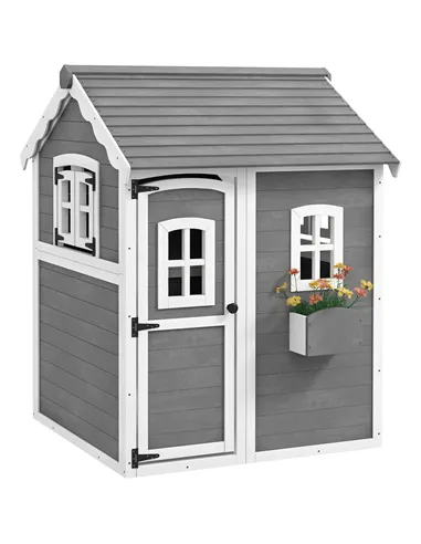 Outsunny Wooden Playhouse for Kids with Doors, Windows, Plant Box, Floors, for Ages 3-8 Years, for Gardens, Lawns, Patios - Grey