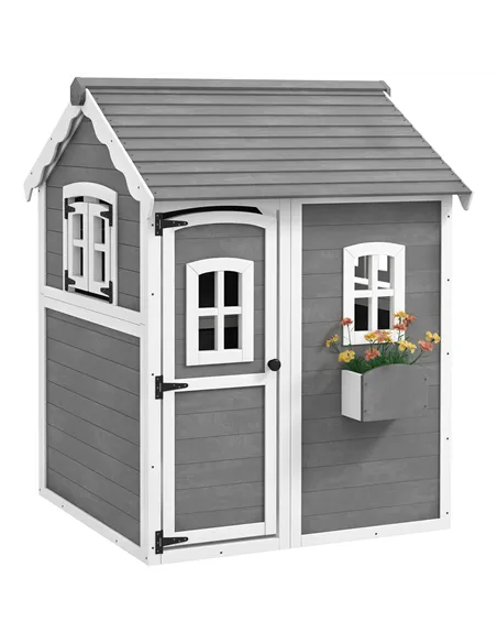 Outsunny Wooden Playhouse for Kids with Doors, Windows, Plant Box, Floors, for Ages 3-8 Years, for Gardens, Lawns, Patios - Grey