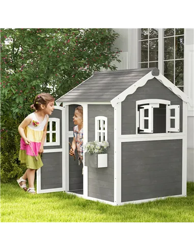 Outsunny Wooden Playhouse for Kids with Doors, Windows, Plant Box, Floors, for Ages 3-8 Years, for Gardens, Lawns, Patios - Grey