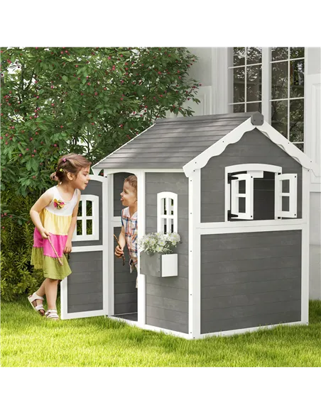 Outsunny Wooden Playhouse for Kids with Doors, Windows, Plant Box, Floors, for Ages 3-8 Years, for Gardens, Lawns, Patios - Grey