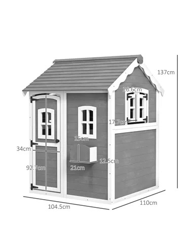 Outsunny Wooden Playhouse for Kids with Doors, Windows, Plant Box, Floors, for Ages 3-8 Years, for Gardens, Lawns, Patios - Grey