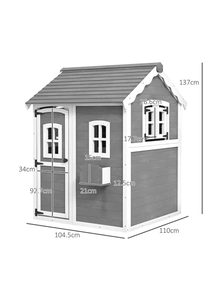 Outsunny Wooden Playhouse for Kids with Doors, Windows, Plant Box, Floors, for Ages 3-8 Years, for Gardens, Lawns, Patios - Grey
