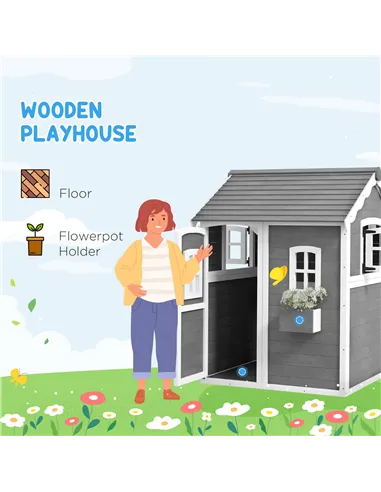 Outsunny Wooden Playhouse for Kids with Doors, Windows, Plant Box, Floors, for Ages 3-8 Years, for Gardens, Lawns, Patios - Grey