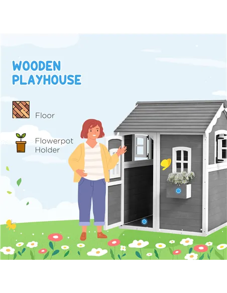 Outsunny Wooden Playhouse for Kids with Doors, Windows, Plant Box, Floors, for Ages 3-8 Years, for Gardens, Lawns, Patios - Grey