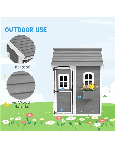 Outsunny Wooden Playhouse for Kids with Doors, Windows, Plant Box, Floors, for Ages 3-8 Years, for Gardens, Lawns, Patios - Grey