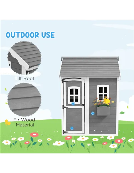 Outsunny Wooden Playhouse for Kids with Doors, Windows, Plant Box, Floors, for Ages 3-8 Years, for Gardens, Lawns, Patios - Grey