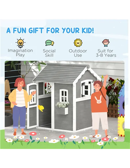 Outsunny Wooden Playhouse for Kids with Doors, Windows, Plant Box, Floors, for Ages 3-8 Years, for Gardens, Lawns, Patios - Grey