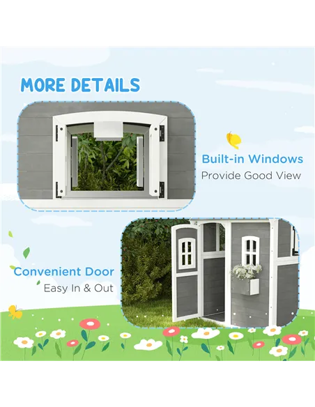 Outsunny Wooden Playhouse for Kids with Doors, Windows, Plant Box, Floors, for Ages 3-8 Years, for Gardens, Lawns, Patios - Grey