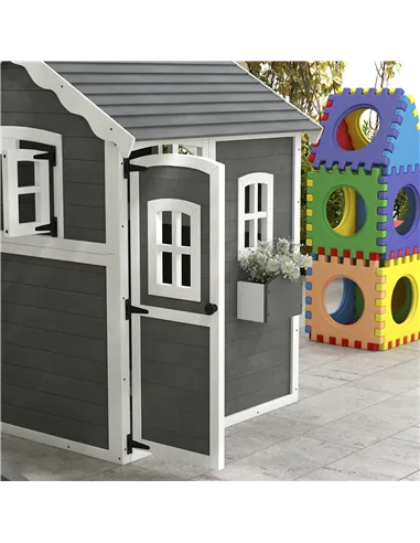 Outsunny Wooden Playhouse for Kids with Doors, Windows, Plant Box, Floors, for Ages 3-8 Years, for Gardens, Lawns, Patios - Grey