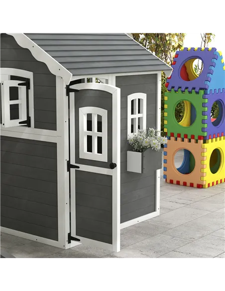 Outsunny Wooden Playhouse for Kids with Doors, Windows, Plant Box, Floors, for Ages 3-8 Years, for Gardens, Lawns, Patios - Grey