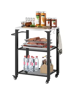 Outsunny Three-Shelf Outdoor Grill Cart with Stainless Steel Top, Outdoor Kitchen Island with 4 Wheels, 3 Hooks, Movable Food Pr