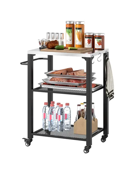 Outsunny Three-Shelf Outdoor Grill Cart with Stainless Steel Top, Outdoor Kitchen Island with 4 Wheels, 3 Hooks, Movable Food Pr