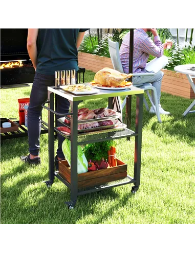 Outsunny Three-Shelf Outdoor Grill Cart with Stainless Steel Top, Outdoor Kitchen Island with 4 Wheels, 3 Hooks, Movable Food Pr