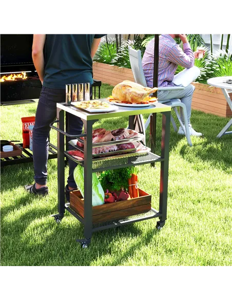 Outsunny Three-Shelf Outdoor Grill Cart with Stainless Steel Top, Outdoor Kitchen Island with 4 Wheels, 3 Hooks, Movable Food Pr