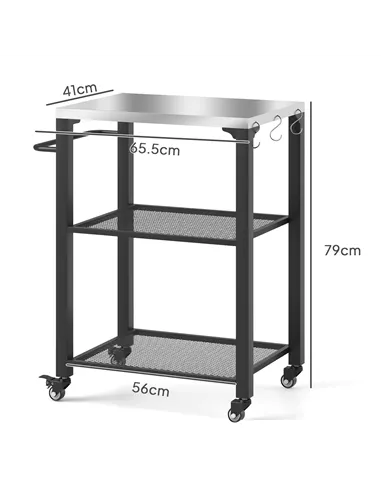 Outsunny Three-Shelf Outdoor Grill Cart with Stainless Steel Top, Outdoor Kitchen Island with 4 Wheels, 3 Hooks, Movable Food Pr