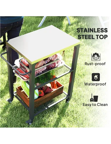 Outsunny Three-Shelf Outdoor Grill Cart with Stainless Steel Top, Outdoor Kitchen Island with 4 Wheels, 3 Hooks, Movable Food Pr