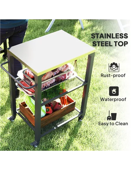 Outsunny Three-Shelf Outdoor Grill Cart with Stainless Steel Top, Outdoor Kitchen Island with 4 Wheels, 3 Hooks, Movable Food Pr