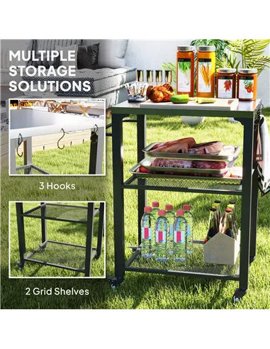 Outsunny Three-Shelf Outdoor Grill Cart with Stainless Steel Top, Outdoor Kitchen Island with 4 Wheels, 3 Hooks, Movable Food Pr