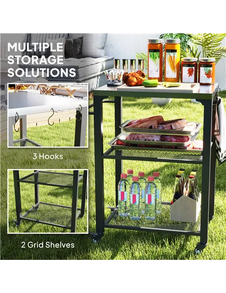Outsunny Three-Shelf Outdoor Grill Cart with Stainless Steel Top, Outdoor Kitchen Island with 4 Wheels, 3 Hooks, Movable Food Pr