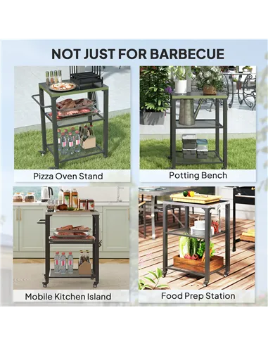 Outsunny Three-Shelf Outdoor Grill Cart with Stainless Steel Top, Outdoor Kitchen Island with 4 Wheels, 3 Hooks, Movable Food Pr