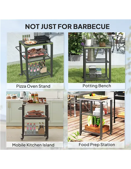 Outsunny Three-Shelf Outdoor Grill Cart with Stainless Steel Top, Outdoor Kitchen Island with 4 Wheels, 3 Hooks, Movable Food Pr