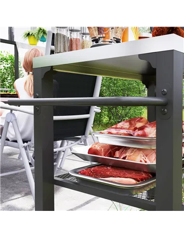 Outsunny Three-Shelf Outdoor Grill Cart with Stainless Steel Top, Outdoor Kitchen Island with 4 Wheels, 3 Hooks, Movable Food Pr