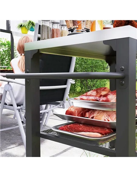 Outsunny Three-Shelf Outdoor Grill Cart with Stainless Steel Top, Outdoor Kitchen Island with 4 Wheels, 3 Hooks, Movable Food Pr
