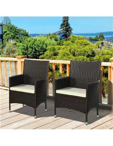 Outsunny 2 Pieces Outdoor PE Rattan Dining Chairs Set with Cushion, Garden Armchair with Armrests, High Backrest, Metal Frame Pa
