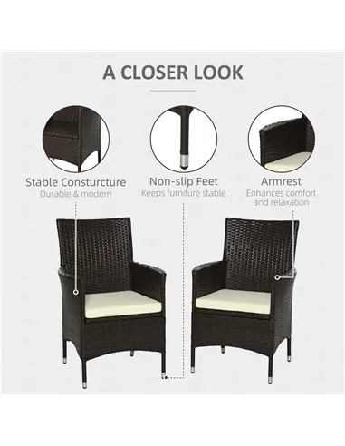 Outsunny 2 Pieces Outdoor PE Rattan Dining Chairs Set with Cushion, Garden Armchair with Armrests, High Backrest, Metal Frame Pa