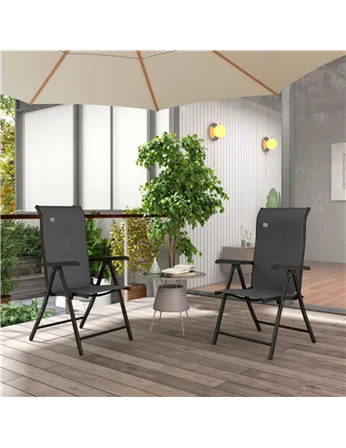 Outsunny Set of Two Folding Garden Chairs, with Seven-Position Adjustable Backs - Grey