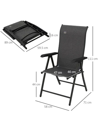 Outsunny Set of Two Folding Garden Chairs, with Seven-Position Adjustable Backs - Grey