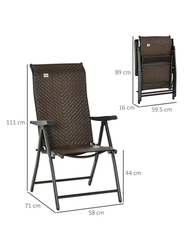 Outsunny Set of Two Folding Garden Chairs, with Seven-Position Adjustable Backs - Brown