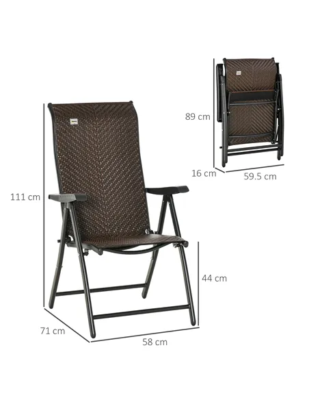 Outsunny Set of Two Folding Garden Chairs, with Seven-Position Adjustable Backs - Brown